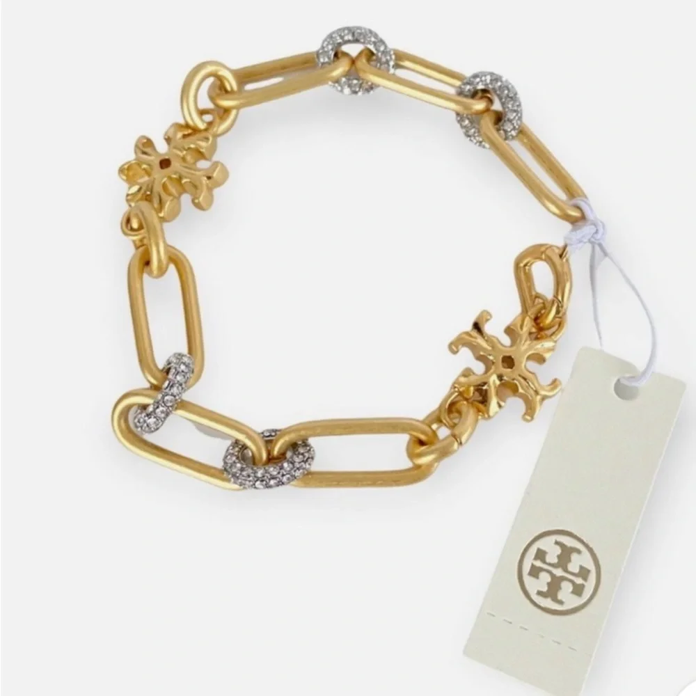 NWOT Auth. Tory Burch Roxanne Pave Bracelet in rolled Tory Antique Gold
